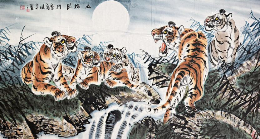  p>《五虎图》是谭乐丹创作的绘画作品. /p>