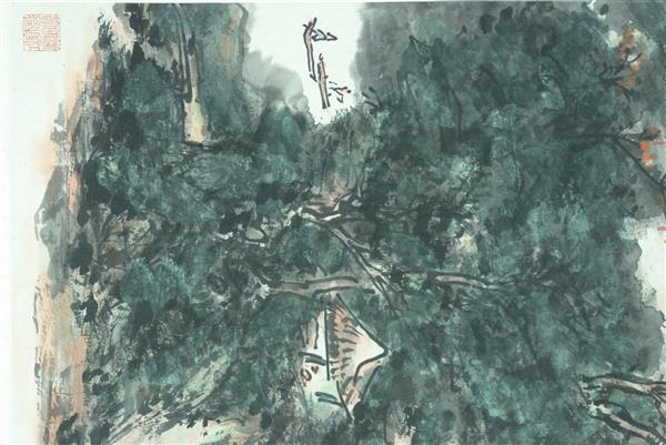 近代黄宾虹设色青山红树图轴