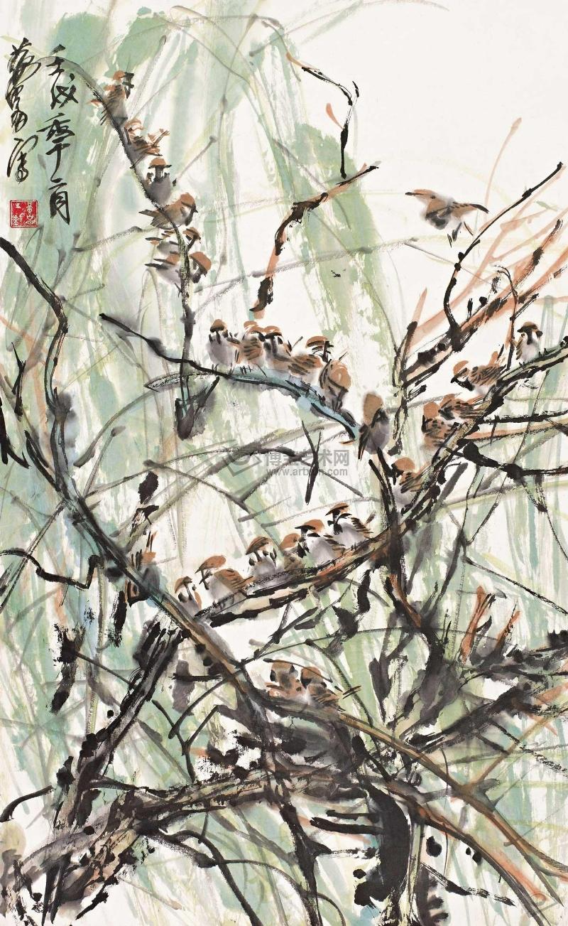  p>《柳枝群雀》是由中国著名山水画大师——黄胄的作品.