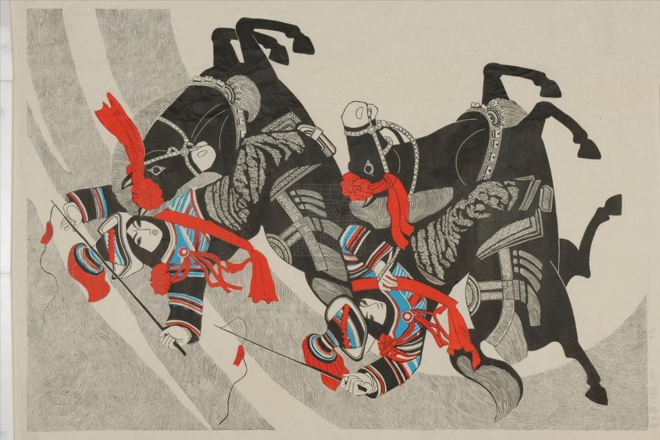 现代牛文赛马图木刻版画