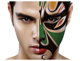 一半是西方男士的脸,另一半是中国国粹变脸脸谱,旨在以这种创新的方式