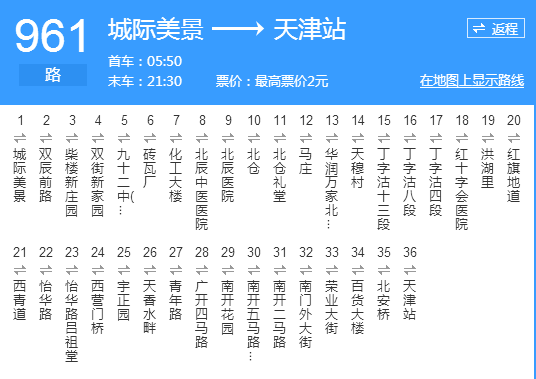 p>天津公交961路是天津的一条公交路线,隶属天津市公共交通一公司.