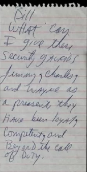 写给老保镖Bill Bray的手写书信，后被拍卖