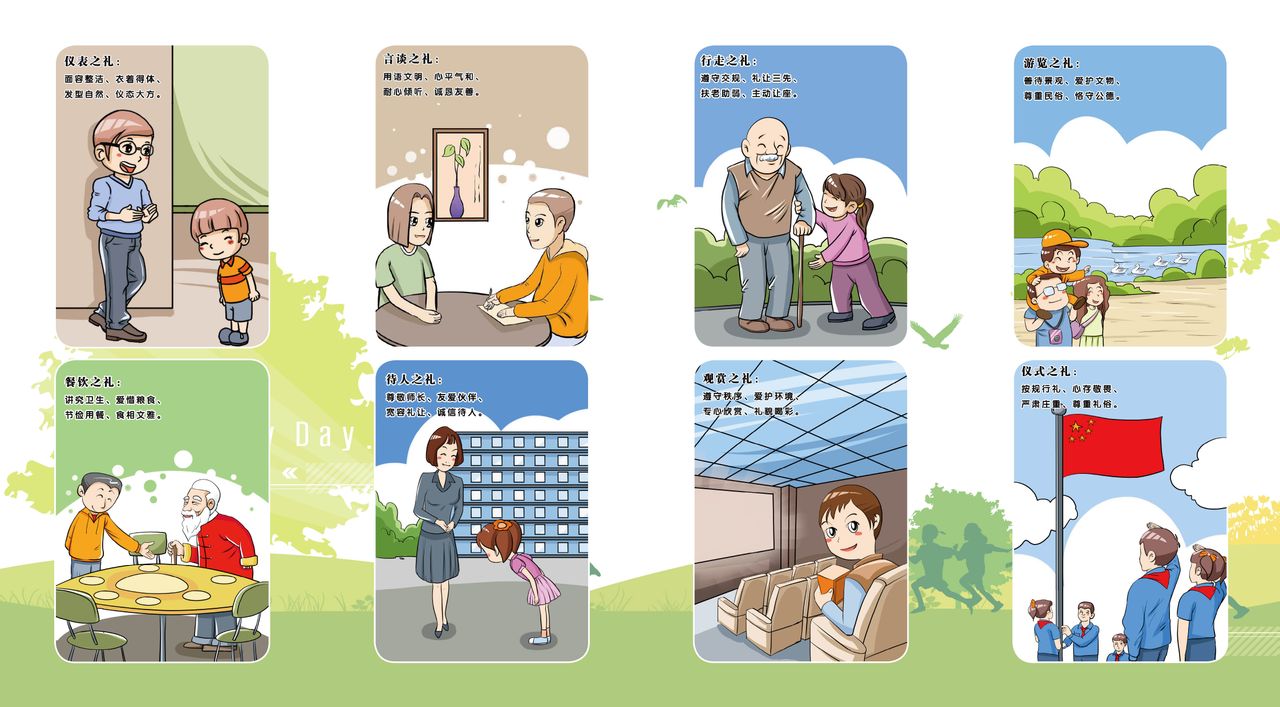 仪表之礼","仪式之礼","言谈之礼","待人之礼","行走之礼","观赏之礼"