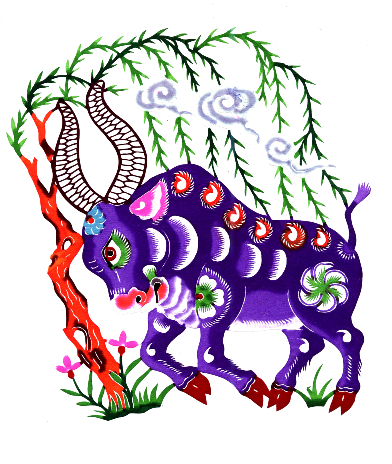  p>中线装彩色《十二生肖》之丑牛,是现代剪纸作品. /p>