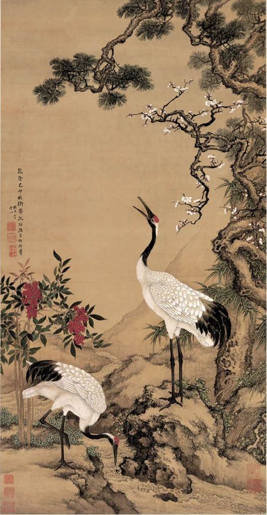 沈銓「牡丹双鶴図」大四尺 中堂掛軸　宣紙 手工表装　180×69cm 松梅双鹤图（沈铨画作）_百度百科