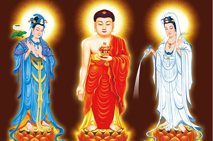 id="572209">阿弥陀三尊 /a>,中间是阿弥陀佛,观世音菩萨立于佛左, a