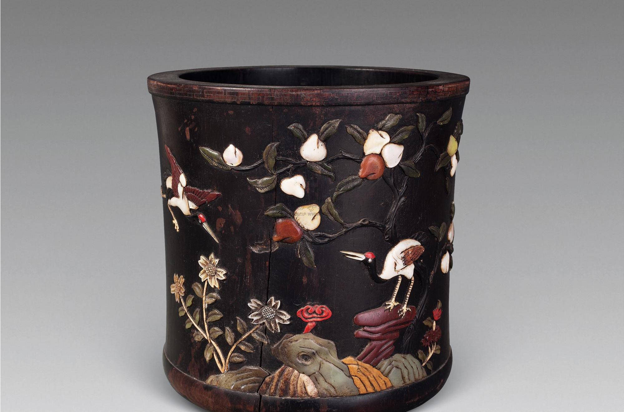 紫檀嵌百宝福禄寿喜笔筒