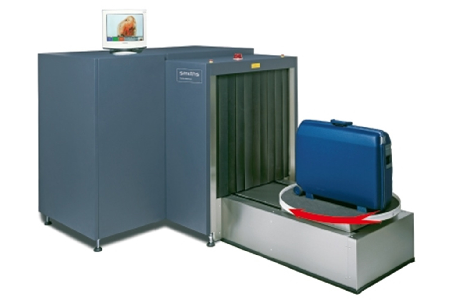 传送带的位置较低,方便放置行李.系统自动进行对行李的旋转和扫描.