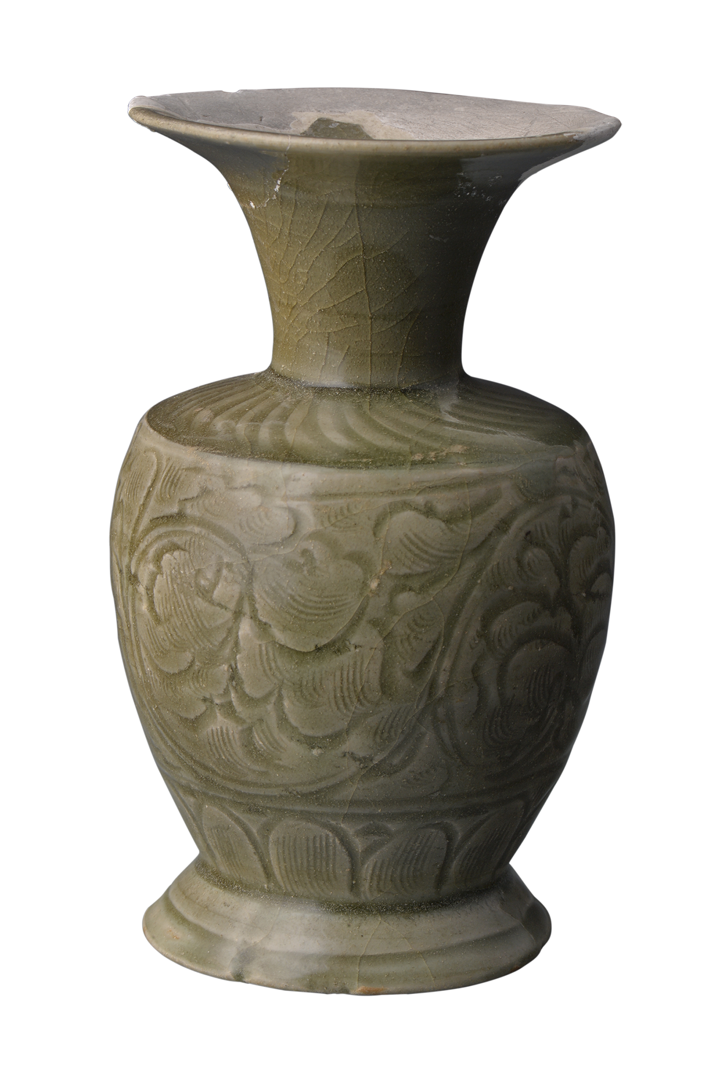 北宋龙泉窑青釉刻划花凤尾瓷瓶