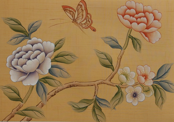  p>手绘丝绸墙纸以真丝为材质,纯手工绘画而成的墙纸壁画,制作流程