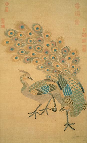  p>《宋缂丝孔雀图》是元代佚名画家创作的一幅中国古画.