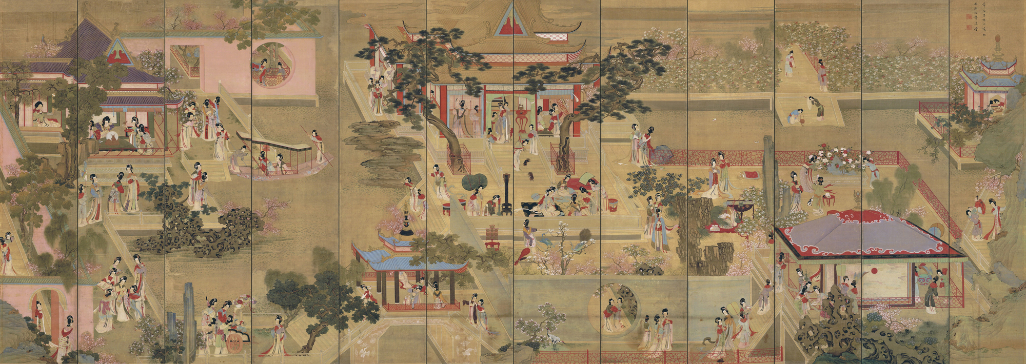 清吕焕成汉宫春晓图 12屏通景