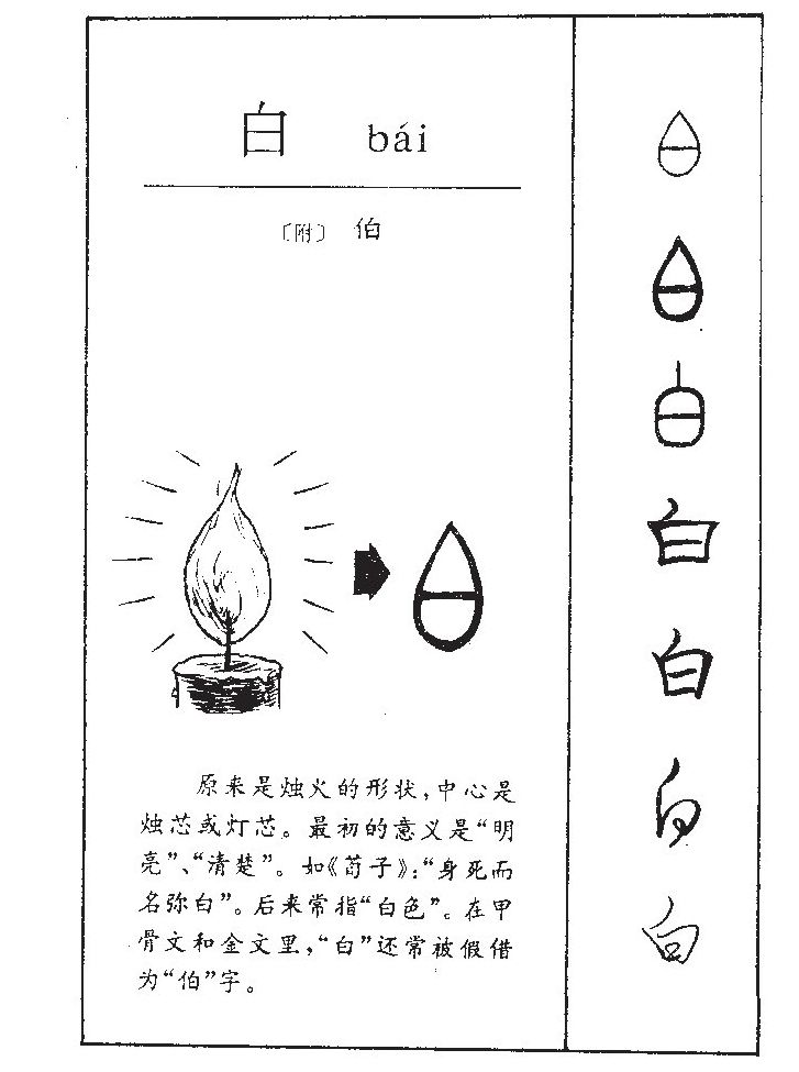 此字始见于甲骨文,其古字形有多种解释,一种解释称白为太阳初升指状