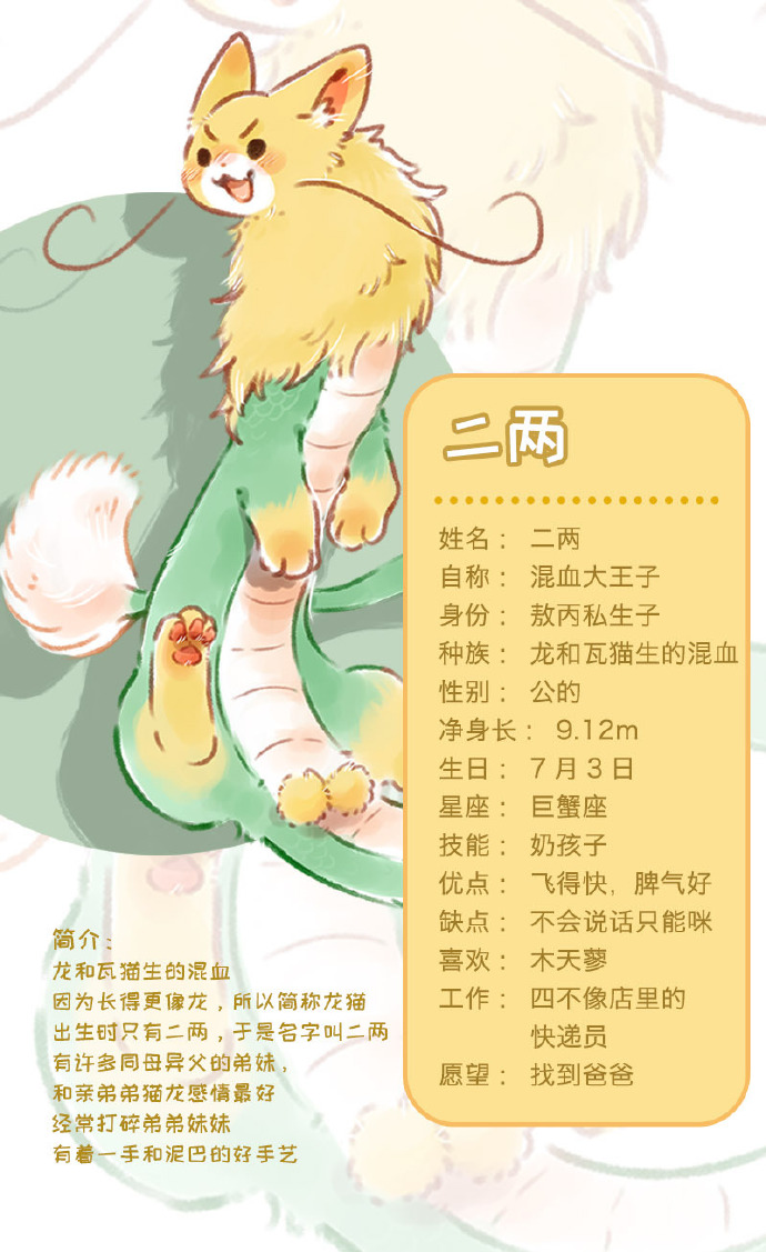 龙和瓦猫生的混血,因为长得更像龙,所以简称龙猫.出生时只有