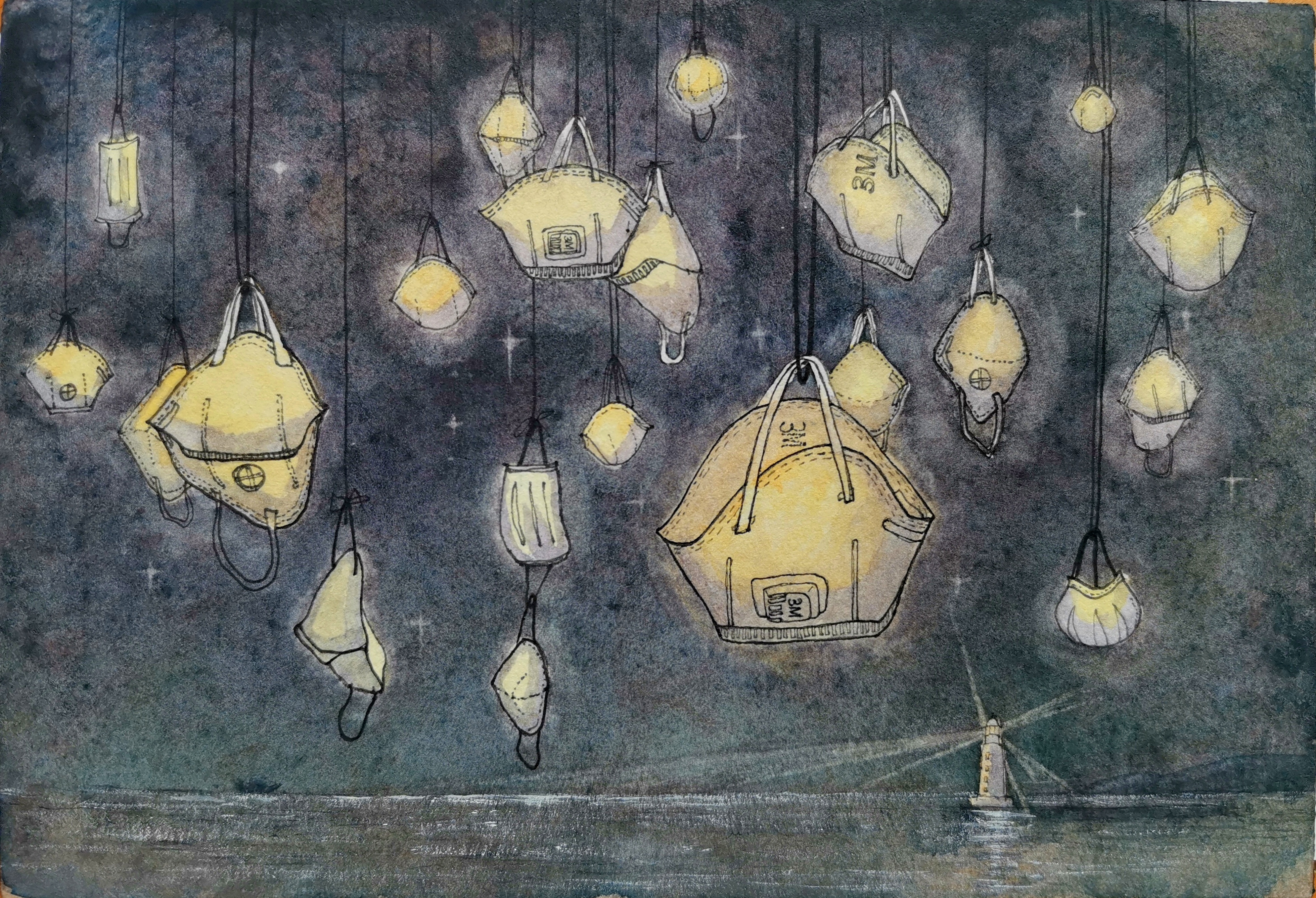 《口罩》是唐菀于2020年疫情期间创作的系列水彩画作品