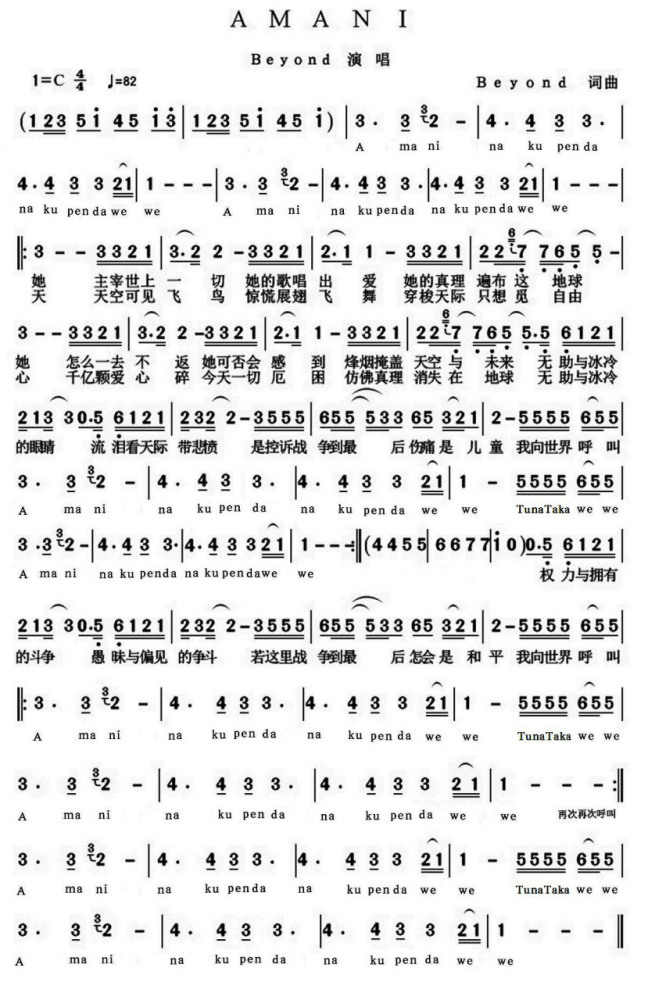 Amani（1991年Beyond演唱的流行摇滚歌曲）_百度百科