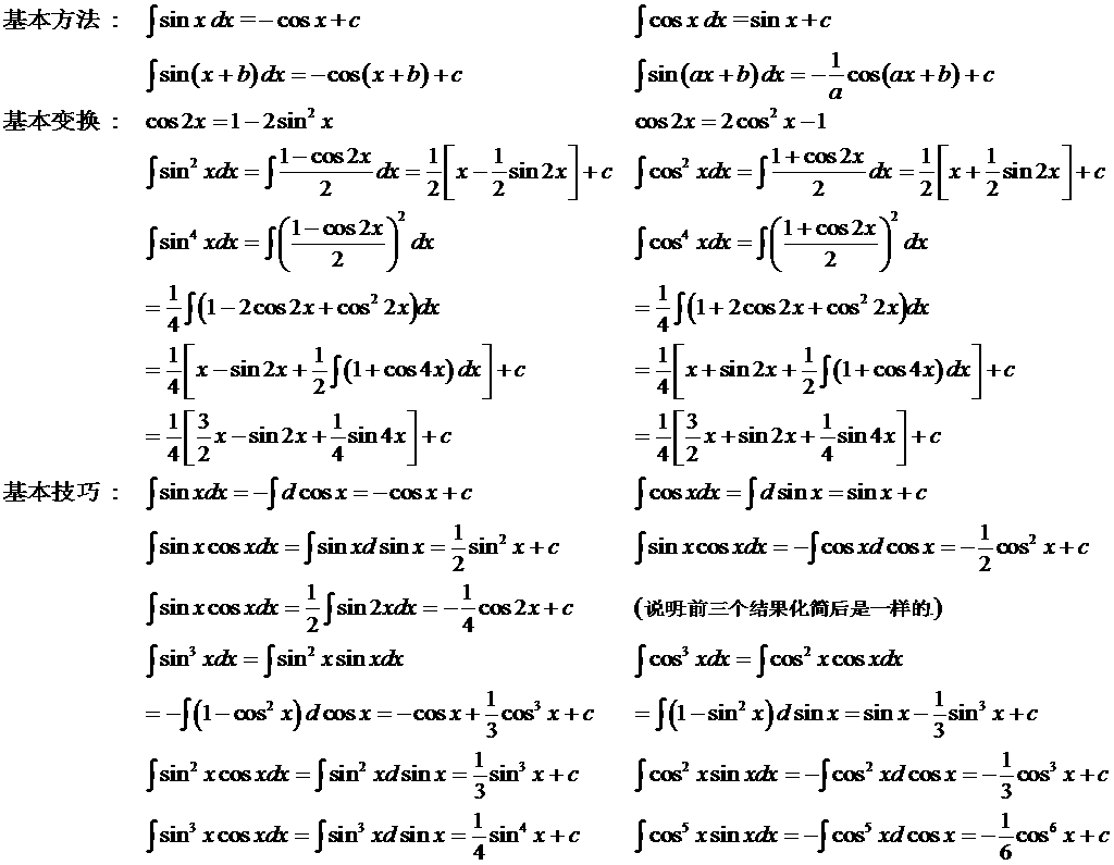三角函数定积分性质，三角函数定积分常用公式