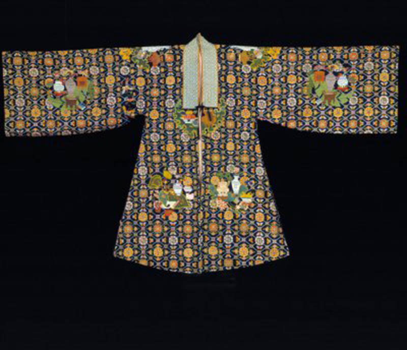 清纳纱深蓝地方棋博古纹女帔