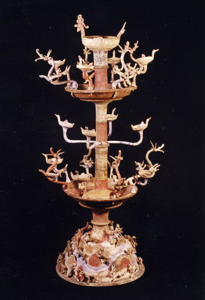 彩绘神兽多枝陶灯