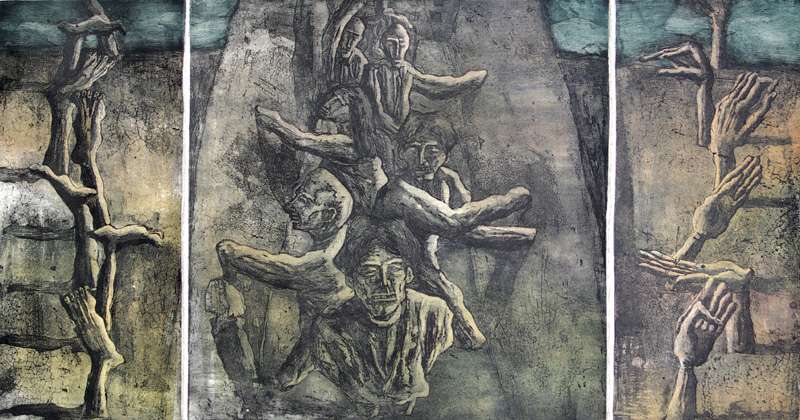  p>铜版画(copper plate etching)是一种在金属版上用腐蚀液腐蚀或