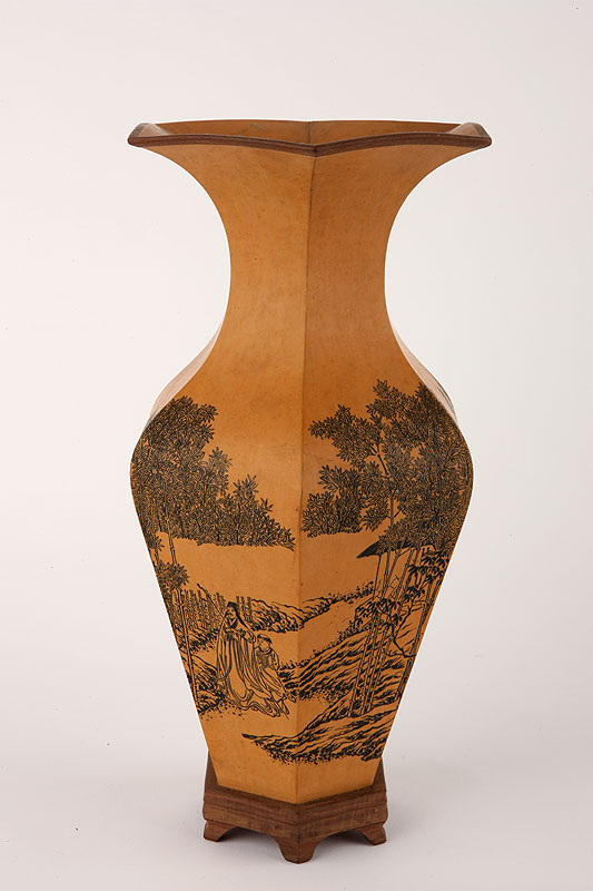 现代邵阳王民生竹簧刻人物故事纹六棱形花瓶