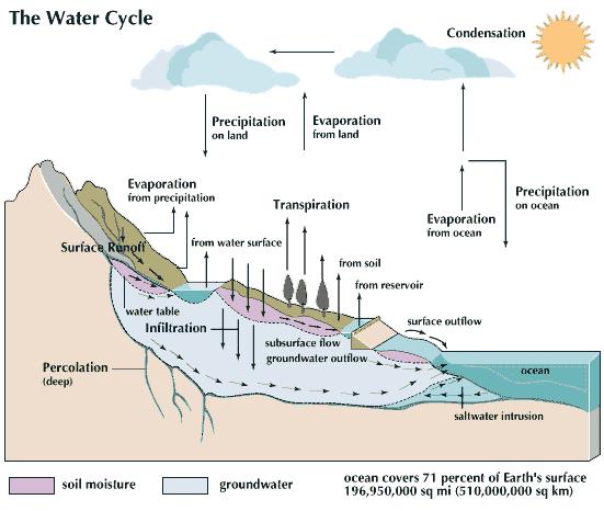  p>水循环是指地球上不同的地方上的水,通过吸收太阳的能量,改变状态
