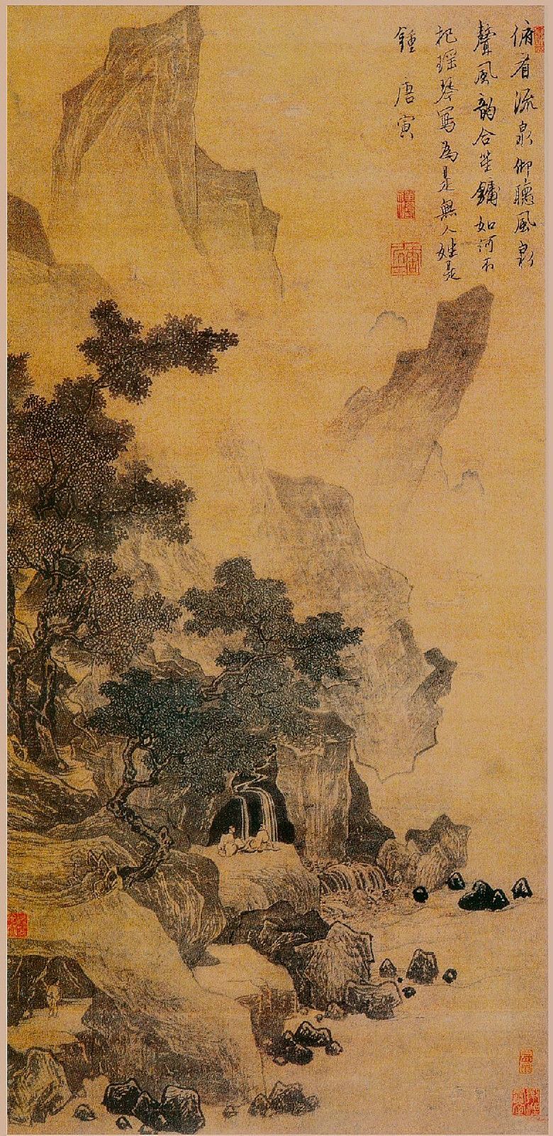 唐寅看泉听风图