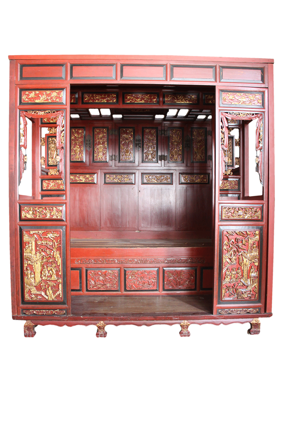 清漆金木雕人物花鸟纹拔步床