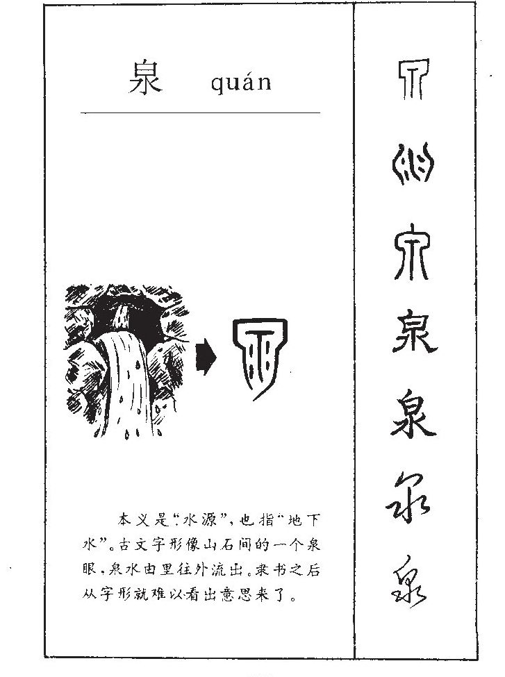 此字始见于商代甲骨文,其古字形像泉水从泉穴中流出.