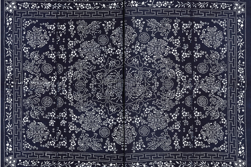 苏州狮子戏球纹蓝印花布被单