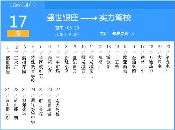  p>通辽公交17路是通辽市的一条公交线路,在2016年《通辽市公共交通