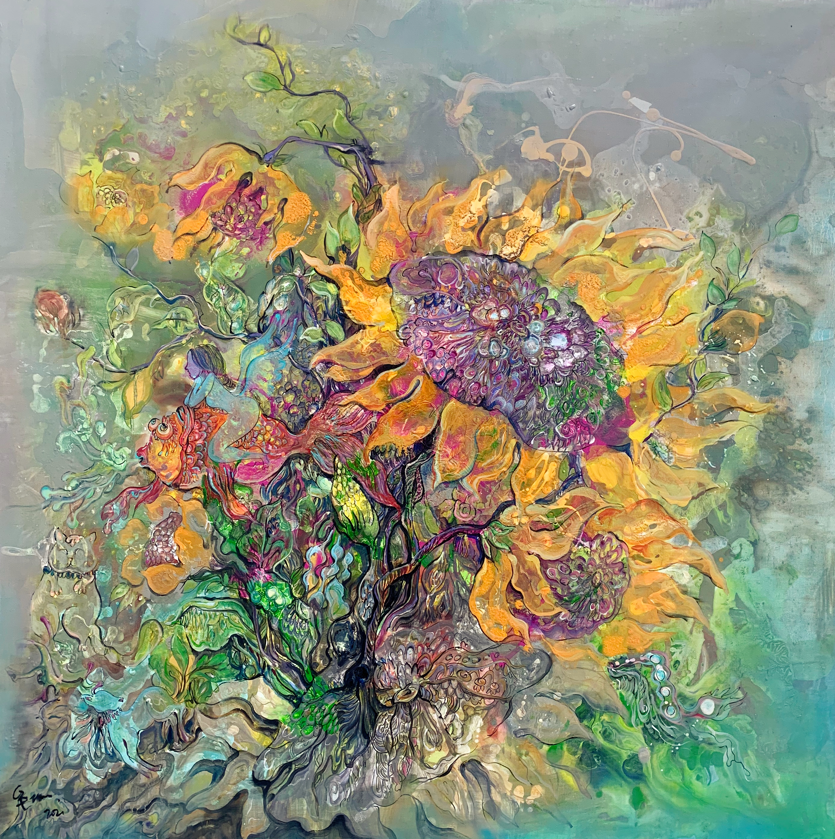 是艺术家牟珊于2021年创作的油画作品,这件油画作品是作者"植物花语"