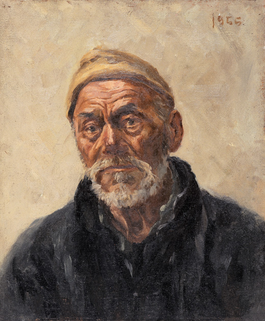  p>《戴毡帽的老人像》是1955年刘迅创作的一幅油画. /p>