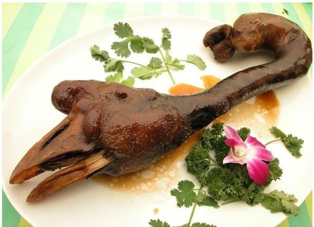 以潮汕地区特产的狮头鹅,肉质肥美,卤鹅是地方风味食品,香滑入味,肥而