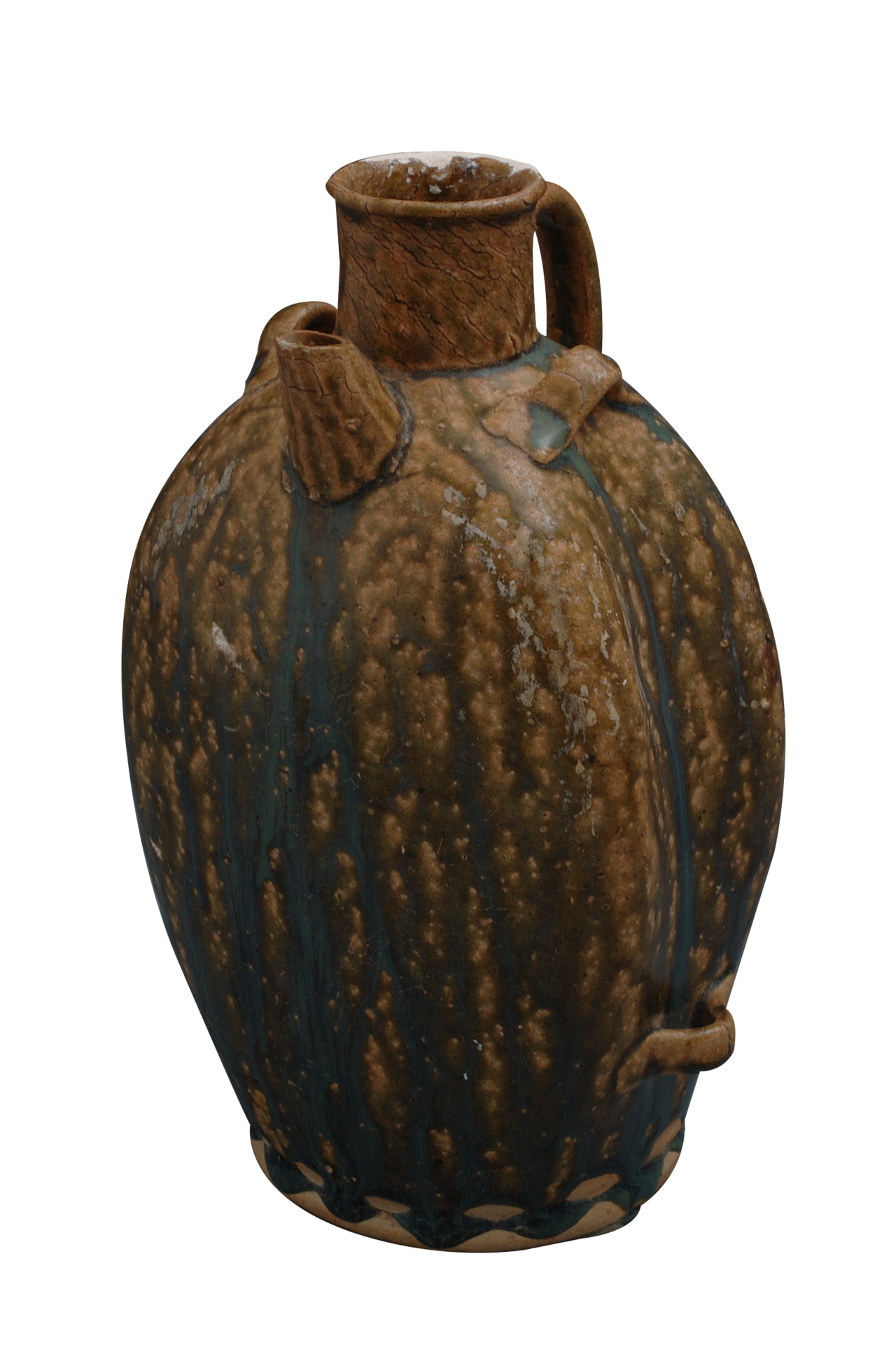 唐长沙窑蓝绿釉四系背水壶