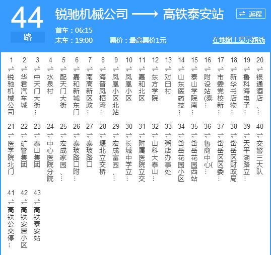 p>泰安公交44路是泰安市的一条公交车线路,全程共43站/p>