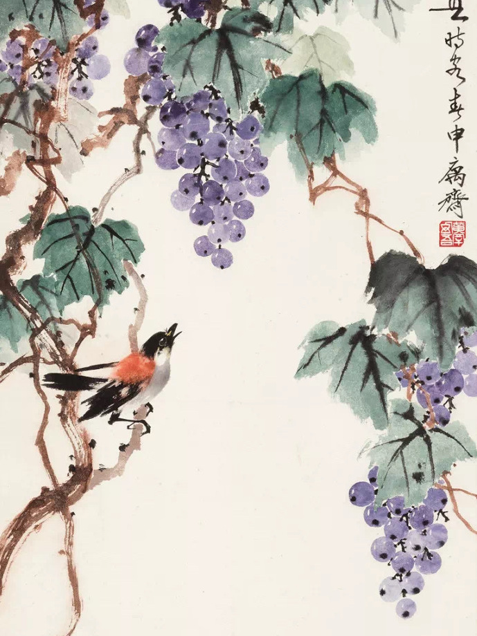 金秋十月，葡萄晶莹如玛瑙，飘香吸引小鸟，黄幻吾国画花鸟画欣赏_百科TA说