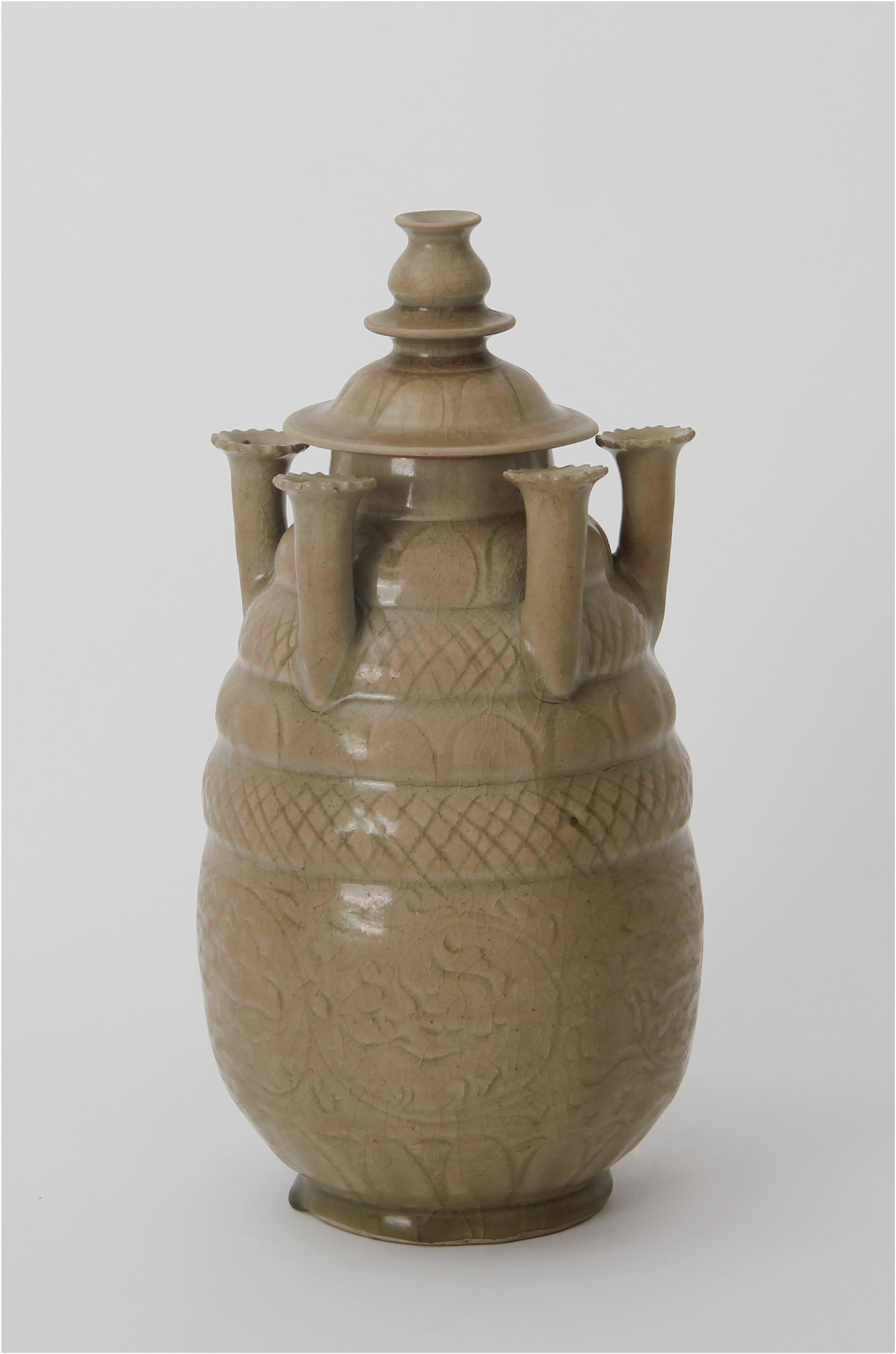 青釉刻花五管瓶