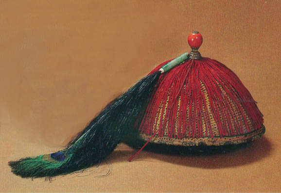  p>清代官员夏日所用官帽.凉帽的形制,无檐,形如圆锥,俗称喇叭式.