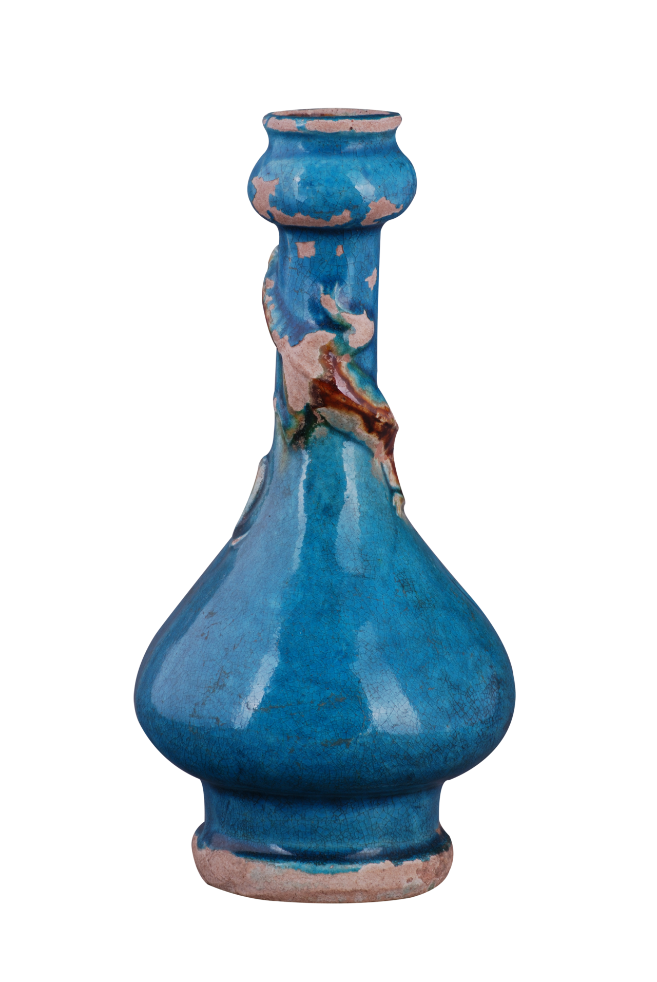 明孔雀绿螭虎蒜头形陶瓶