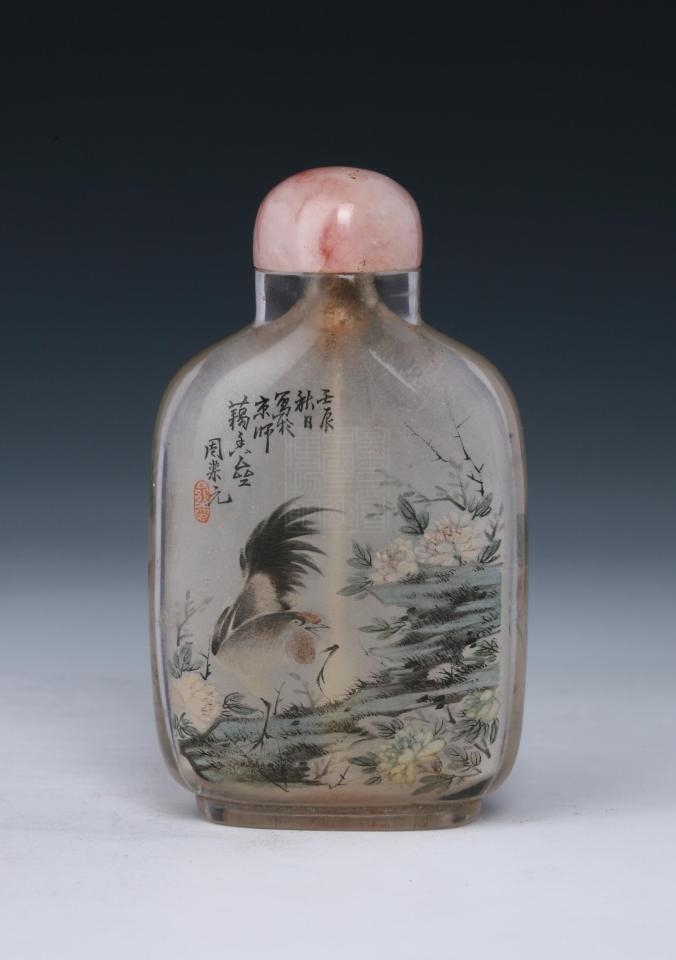 清周乐元玻璃内画鱼乐锦鸡图鼻烟壶