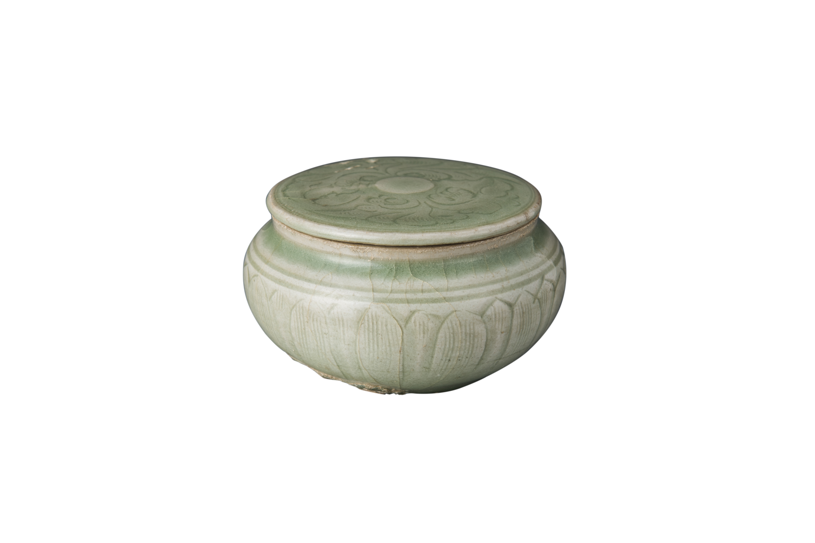 北宋龙泉窑青釉莲瓣纹带盖瓷罐