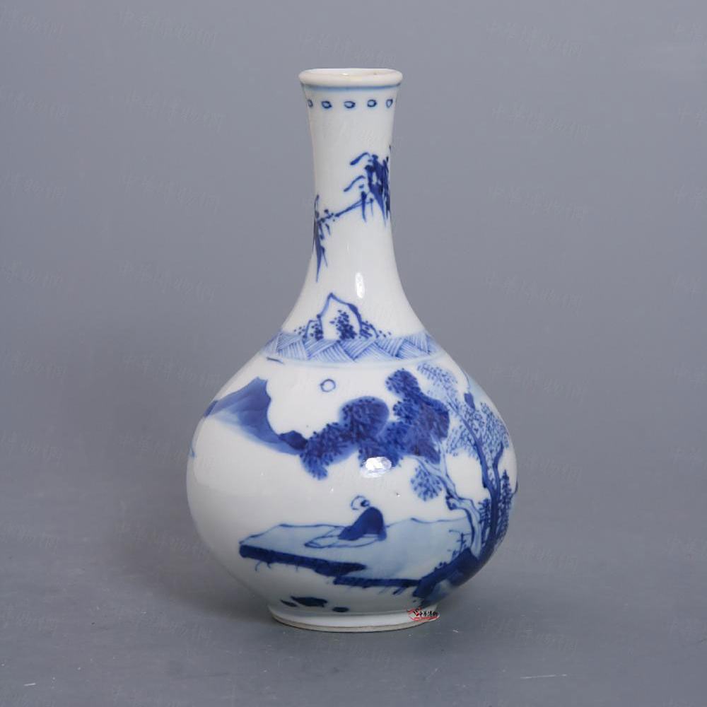 青花山水人物紋瓶 中国古玩 中国美術 清代康熙青花瓷山水人物纹罐子古玩瓷器收藏品摆件包老包真古董